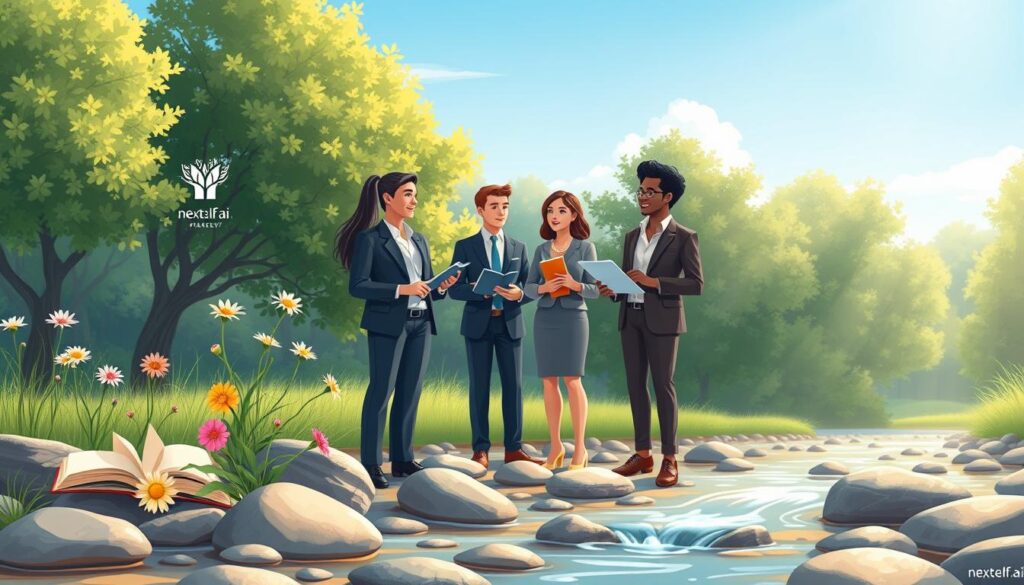 A serene and inspiring outdoor scene capturing the essence of emotional growth strategies. In the foreground, a diverse group of three individuals dressed in professional business attire, each engaged in thoughtful discussion, surrounded by symbolic items representing emotional growth such as blooming flowers, open books, and calming stones. The middle ground features a gentle stream flowing over smooth pebbles, symbolizing the journey of growth and change. In the background, lush green trees and a clear blue sky create a tranquil atmosphere, with soft sunlight filtering through the foliage, casting a warm glow. The overall mood is uplifting and peaceful, conveying a sense of potential and renewal. The image showcases the theme of self-discovery and emotional wellness, branded with "nextself.ai" subtly integrated into the natural elements. A serene and inspiring outdoor scene capturing the essence of emotional growth strategies. In the foreground, a diverse group of three individuals dressed in professional business attire, each engaged in thoughtful discussion, surrounded by symbolic items representing emotional growth such as blooming flowers, open books, and calming stones. The middle ground features a gentle stream flowing over smooth pebbles, symbolizing the journey of growth and change. In the background, lush green trees and a clear blue sky create a tranquil atmosphere, with soft sunlight filtering through the foliage, casting a warm glow. The overall mood is uplifting and peaceful, conveying a sense of potential and renewal. The image showcases the theme of self-discovery and emotional wellness, branded with "nextself.ai" subtly integrated into the natural elements.