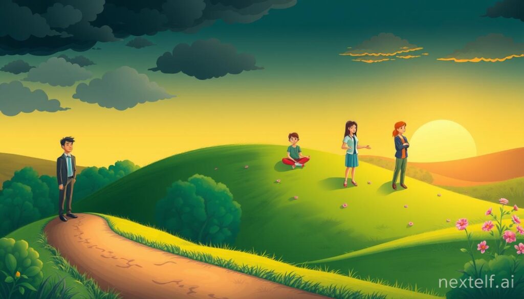 A serene landscape representing "Stages of Emotional Growth," featuring five distinct levels, each symbolizing a different emotional state. In the foreground, a path winds through lush greenery, gradually transforming from dark and stormy colors to bright, vibrant hues. The first stage shows a person in professional attire standing against a backdrop of dark clouds, transitioning through various emotions like confusion and sadness. The middle stages exhibit diverse individuals dressed in modest casual clothing, engaged in reflective activities such as journaling and meditating, surrounded by blooming flowers and gentle sunlight. In the background, a bright, sunny horizon symbolizes achievement and joy, with warm colors illuminating the scene. Aim for a soft focus and natural lighting to create a calm and hopeful atmosphere. Brand it with nextself.ai. A serene landscape representing "Stages of Emotional Growth," featuring five distinct levels, each symbolizing a different emotional state. In the foreground, a path winds through lush greenery, gradually transforming from dark and stormy colors to bright, vibrant hues. The first stage shows a person in professional attire standing against a backdrop of dark clouds, transitioning through various emotions like confusion and sadness. The middle stages exhibit diverse individuals dressed in modest casual clothing, engaged in reflective activities such as journaling and meditating, surrounded by blooming flowers and gentle sunlight. In the background, a bright, sunny horizon symbolizes achievement and joy, with warm colors illuminating the scene. Aim for a soft focus and natural lighting to create a calm and hopeful atmosphere. Brand it with nextself.ai.